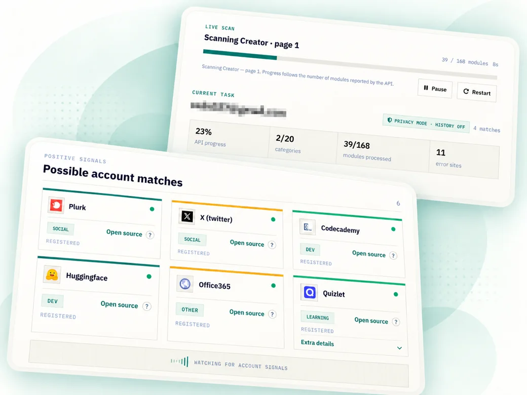 Email scan progress and possible account matches showing registered services and source categories.